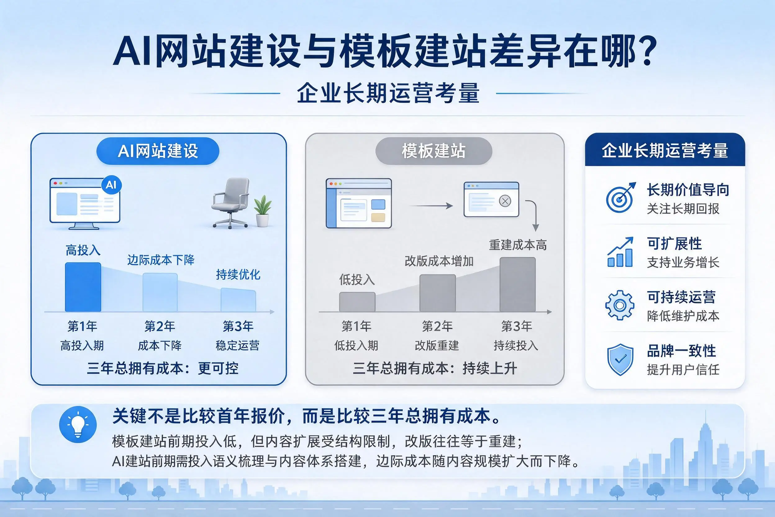 AI网站建设与模板建站差异在哪？澄迈企业长期运营考量